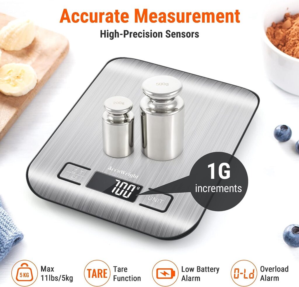 AccuWeight 211 Digital Kitchen Food Scale for Cooking Baking Coffee Scale 5000g by 1g with Tare and LCD Display Food Weight Scale, 8.11×6.42×1.18 Silvery AccuWeight 211 Digital Kitchen Food Scale for Cooking Baking Coffee Scale 5000g by 1g with Tare and LCD Display Food Weight Scale, 8.11×6.42×1.18 Silvery
