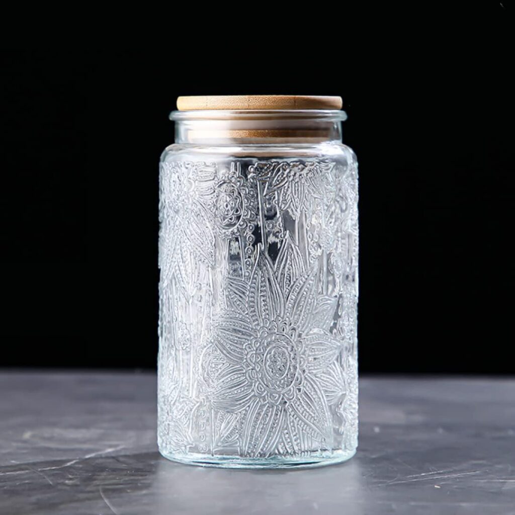 ANSQU Vintage Glass Storage Jar, 34 FL OZ Glass Food Storage Containers with Bamboo Lid, Airtight Cookie Jar Candy Jar for Kitchen Counter, Pantry, Coffee, Tea, Sugar (Round, Sunflower)