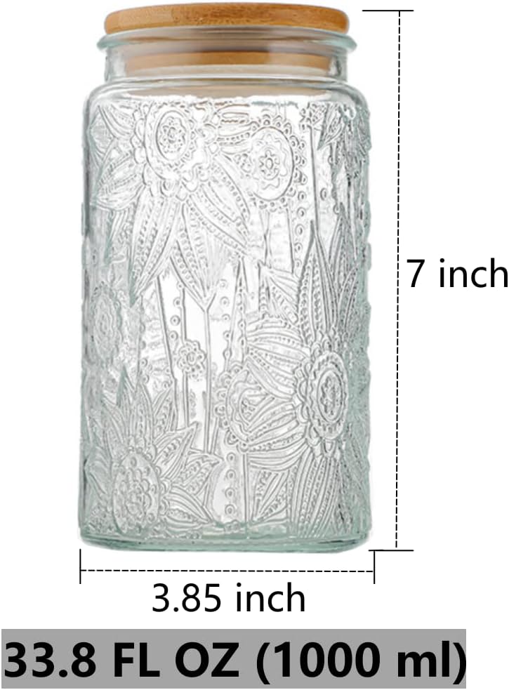 ANSQU Vintage Glass Storage Jar, 34 FL OZ Glass Food Storage Containers with Bamboo Lid, Airtight Cookie Jar Candy Jar for Kitchen Counter, Pantry, Coffee, Tea, Sugar (Round, Sunflower)