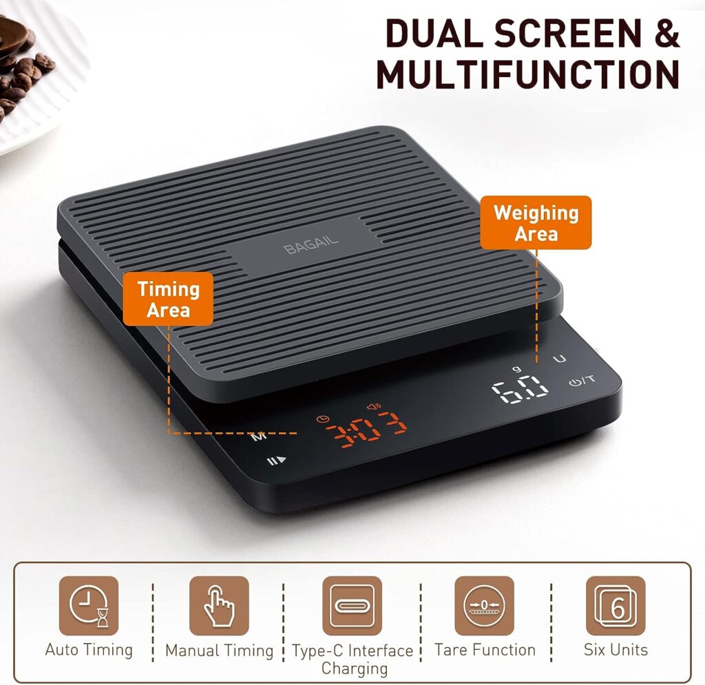 BAGAIL Kitchen Scale with Timer, 0.1g High Precision Coffee Scale, Drip Espresso Scale with Auto Tare, Touch Sensor and Silicone Cover - 6.6 lbs/3 kg BAGAIL Kitchen Scale with Timer, 0.1g High Precision Coffee Scale, Drip Espresso Scale with Auto Tare, Touch Sensor and Silicone Cover - 6.6 lbs/3 kg