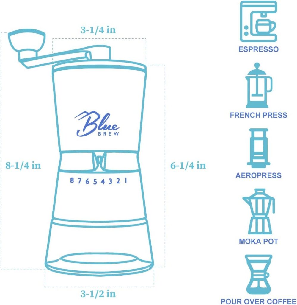 Blue Brew BB1007 Artisan Coffee Grinder with Conical Ceramic Burr and Two Airtight Glass Jars | Adjustable Grinding Size Stainless Steel Hand Coffee Mill/Espresso Bean Grinder Blue Brew BB1007 Artisan Coffee Grinder with Conical Ceramic Burr and Two Airtight Glass Jars | Adjustable Grinding Size Stainless Steel Hand Coffee Mill/Espresso Bean Grinder