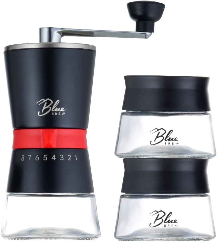 Blue Brew BB1007 Artisan Coffee Grinder with Conical Ceramic Burr and Two Airtight Glass Jars | Adjustable Grinding Size Stainless Steel Hand Coffee Mill/Espresso Bean Grinder Blue Brew BB1007 Artisan Coffee Grinder with Conical Ceramic Burr and Two Airtight Glass Jars | Adjustable Grinding Size Stainless Steel Hand Coffee Mill/Espresso Bean Grinder