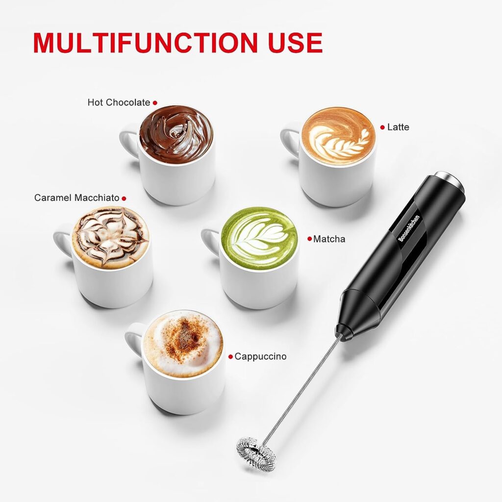 Bonsenkitchen Milk Frother Handheld, Electric Milk Foam Maker with Stainless Steel Whisk, Hand Drink Mixer for Coffee, Lattes, Cappuccino, Matcha, Battery Operated, Electric Stirrer Coffee Mixer Wand