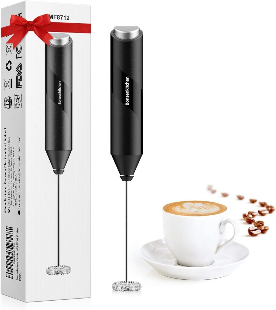 Bonsenkitchen Milk Frother Handheld, Electric Milk Foam Maker with Stainless Steel Whisk, Hand Drink Mixer for Coffee, Lattes, Cappuccino, Matcha, Battery Operated, Electric Stirrer Coffee Mixer Wand