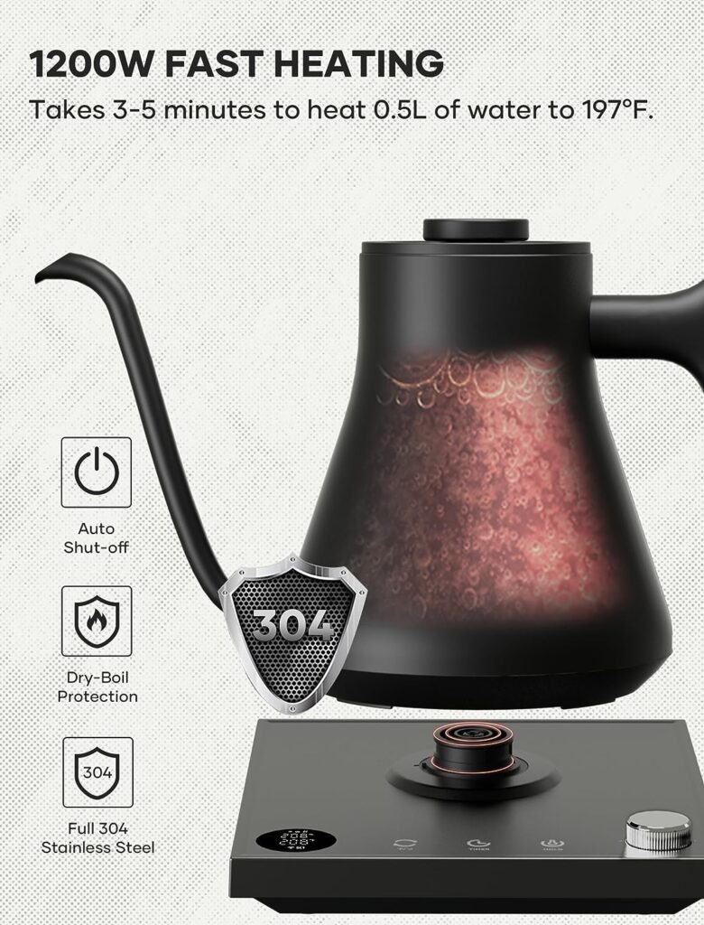 Electric Gooseneck Kettle, Offacy Gooseneck Kettle with Temperature Control, Pour Over Kettle Coffee Kettle, 100% Food Grade 304 Stainless Steel, Electric Tea Kettle 1200 Watt Quick Heating, 0.9L, Matte Black