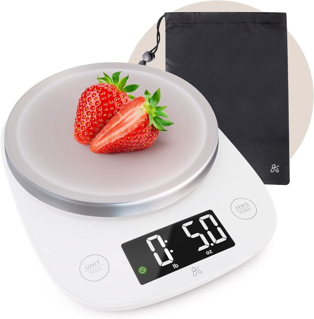 Greater Goods Premium Baking Scale with Bag - Ultra Accurate, Digital Kitchen Scale | Prep Baked Goods, Weigh Food and Coffee, or Use for Meal Prep | Four Units of Measurement | Designed in St. Louis