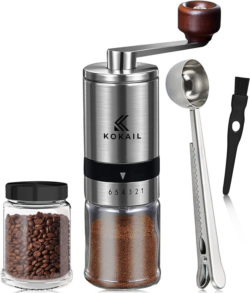 KOKAIL Manual Hand Coffee Grinder - Crank Handle with Wood Knob, 6 Adjustable Grind Settings, Includes Extra Glass Jar with Lid for Coffee Beans, Velvet Storage Bag, Spoon Cleaning Brush KOKAIL Manual Hand Coffee Grinder - Crank Handle with Wood Knob, 6 Adjustable Grind Settings, Includes Extra Glass Jar with Lid for Coffee Beans, Velvet Storage Bag, Spoon Cleaning Brush