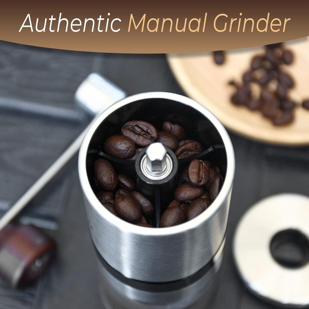 KOKAIL Manual Hand Coffee Grinder - Crank Handle with Wood Knob, 6 Adjustable Grind Settings, Includes Extra Glass Jar with Lid for Coffee Beans, Velvet Storage Bag, Spoon Cleaning Brush KOKAIL Manual Hand Coffee Grinder - Crank Handle with Wood Knob, 6 Adjustable Grind Settings, Includes Extra Glass Jar with Lid for Coffee Beans, Velvet Storage Bag, Spoon Cleaning Brush