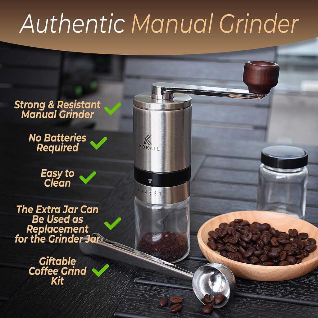 KOKAIL Manual Hand Coffee Grinder - Crank Handle with Wood Knob, 6 Adjustable Grind Settings, Includes Extra Glass Jar with Lid for Coffee Beans, Velvet Storage Bag, Spoon Cleaning Brush KOKAIL Manual Hand Coffee Grinder - Crank Handle with Wood Knob, 6 Adjustable Grind Settings, Includes Extra Glass Jar with Lid for Coffee Beans, Velvet Storage Bag, Spoon Cleaning Brush