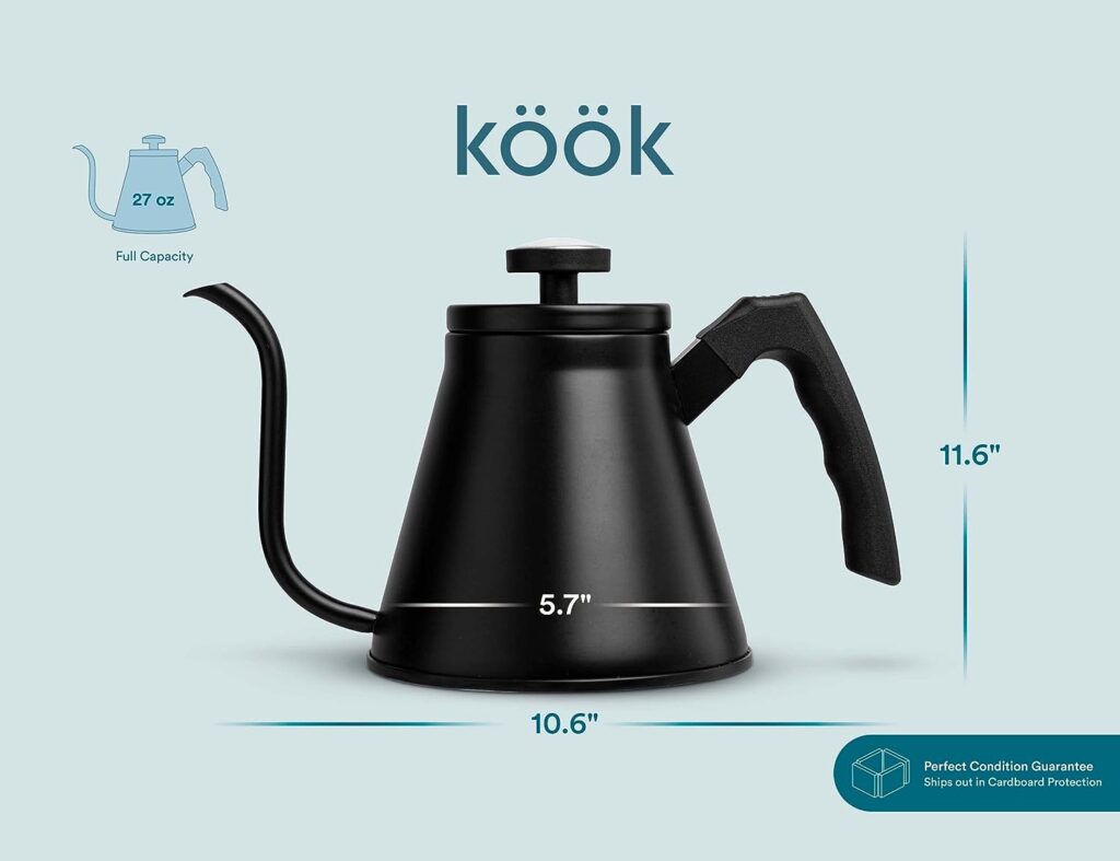 Kook Stovetop Gooseneck Kettle with Thermometer, for Pour Over Coffee Tea, Temperature Gauge, Electric, Compatible for Gas Stovetop, 3 Ply Stainless Steel Base, 27 oz Kook Stovetop Gooseneck Kettle with Thermometer, for Pour Over Coffee Tea, Temperature Gauge, Electric, Compatible for Gas Stovetop, 3 Ply Stainless Steel Base, 27 oz