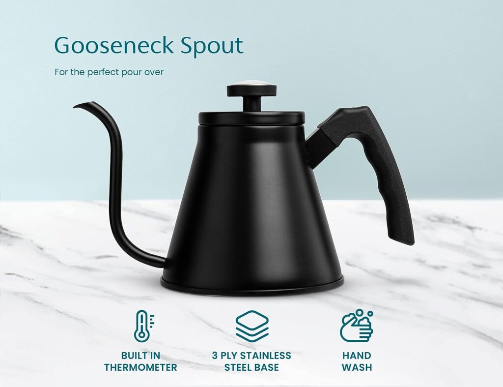 Kook Stovetop Gooseneck Kettle with Thermometer, for Pour Over Coffee Tea, Temperature Gauge, Electric, Compatible for Gas Stovetop, 3 Ply Stainless Steel Base, 27 oz Kook Stovetop Gooseneck Kettle with Thermometer, for Pour Over Coffee Tea, Temperature Gauge, Electric, Compatible for Gas Stovetop, 3 Ply Stainless Steel Base, 27 oz
