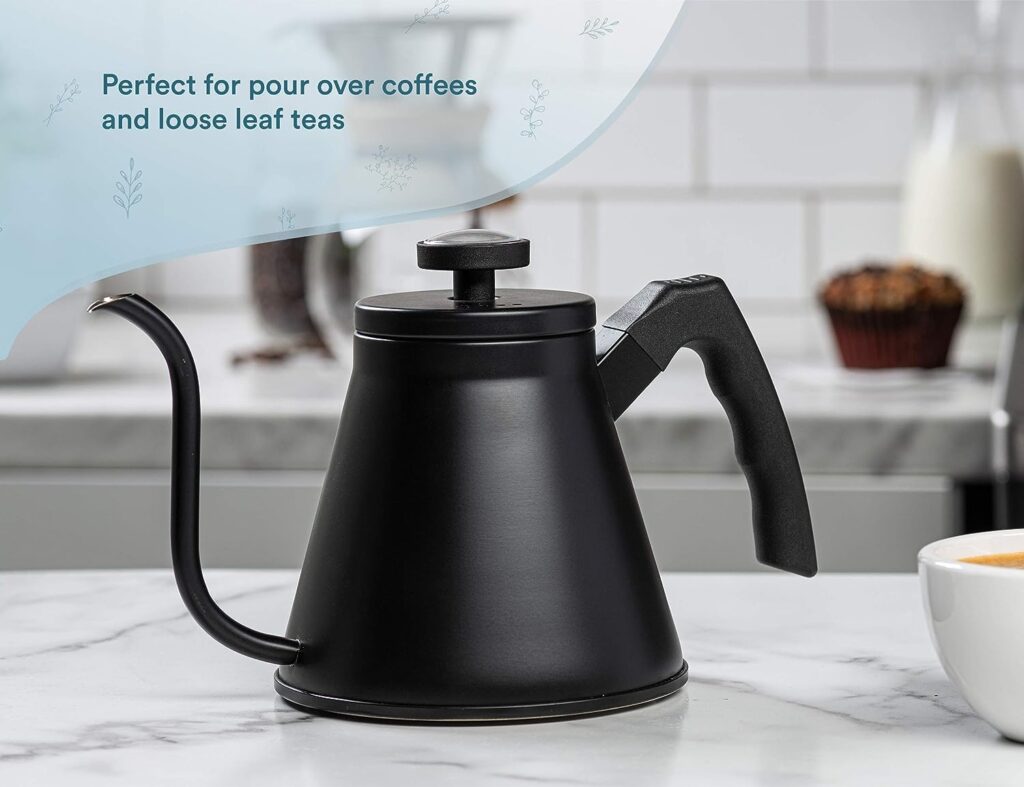 Kook Stovetop Gooseneck Kettle with Thermometer, for Pour Over Coffee Tea, Temperature Gauge, Electric, Compatible for Gas Stovetop, 3 Ply Stainless Steel Base, 27 oz Kook Stovetop Gooseneck Kettle with Thermometer, for Pour Over Coffee Tea, Temperature Gauge, Electric, Compatible for Gas Stovetop, 3 Ply Stainless Steel Base, 27 oz