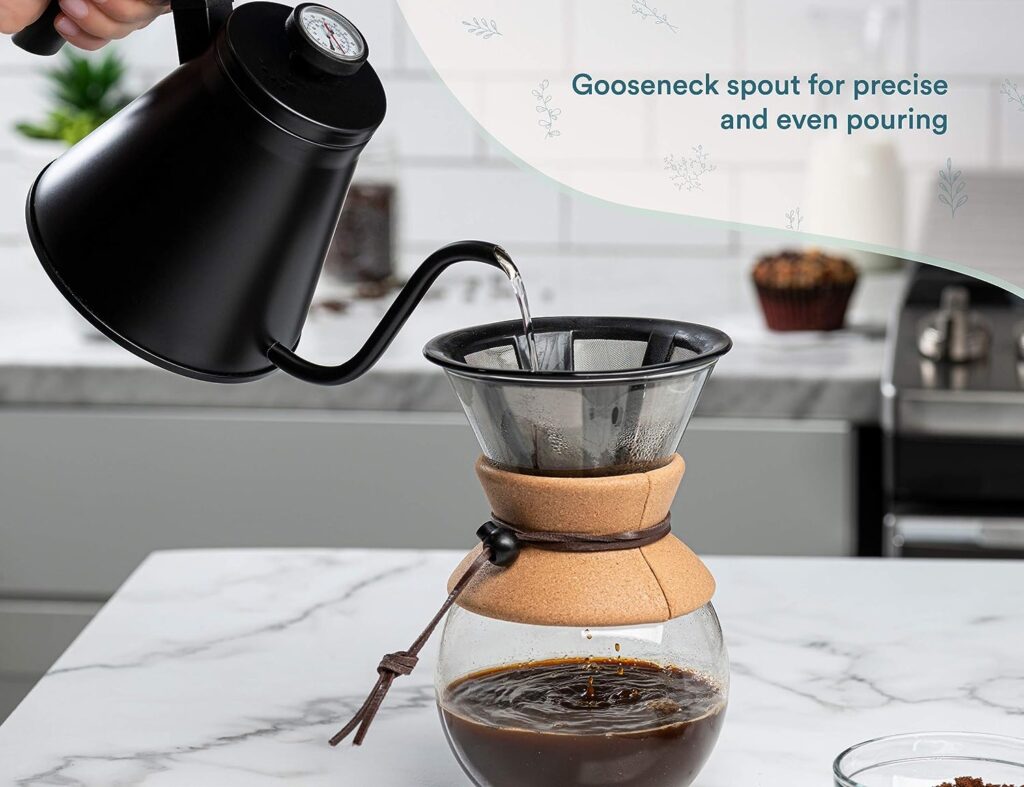 Kook Stovetop Gooseneck Kettle with Thermometer, for Pour Over Coffee Tea, Temperature Gauge, Electric, Compatible for Gas Stovetop, 3 Ply Stainless Steel Base, 27 oz Kook Stovetop Gooseneck Kettle with Thermometer, for Pour Over Coffee Tea, Temperature Gauge, Electric, Compatible for Gas Stovetop, 3 Ply Stainless Steel Base, 27 oz