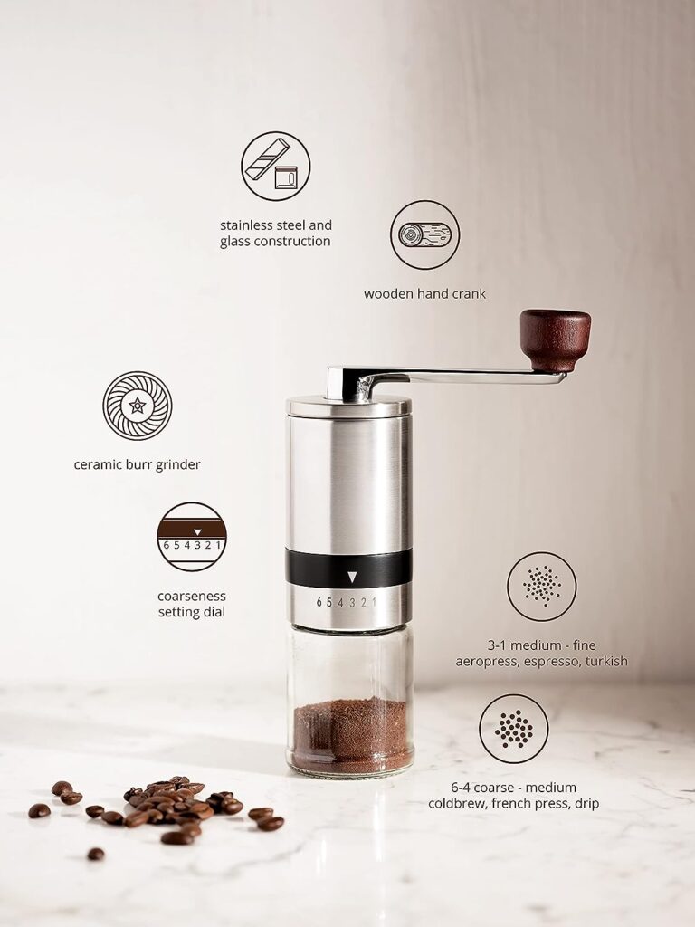 Laguna Pacific Manual Coffee Bean Grinder | 6 Coarseness Settings | Espresso Grinder, Cold Brew, French Press, Drip, | Burr Coffee Hand Grinder Coffee Mill | Home, Portable, Camping, Travel Laguna Pacific Manual Coffee Bean Grinder | 6 Coarseness Settings | Espresso Grinder, Cold Brew, French Press, Drip, | Burr Coffee Hand Grinder Coffee Mill | Home, Portable, Camping, Travel
