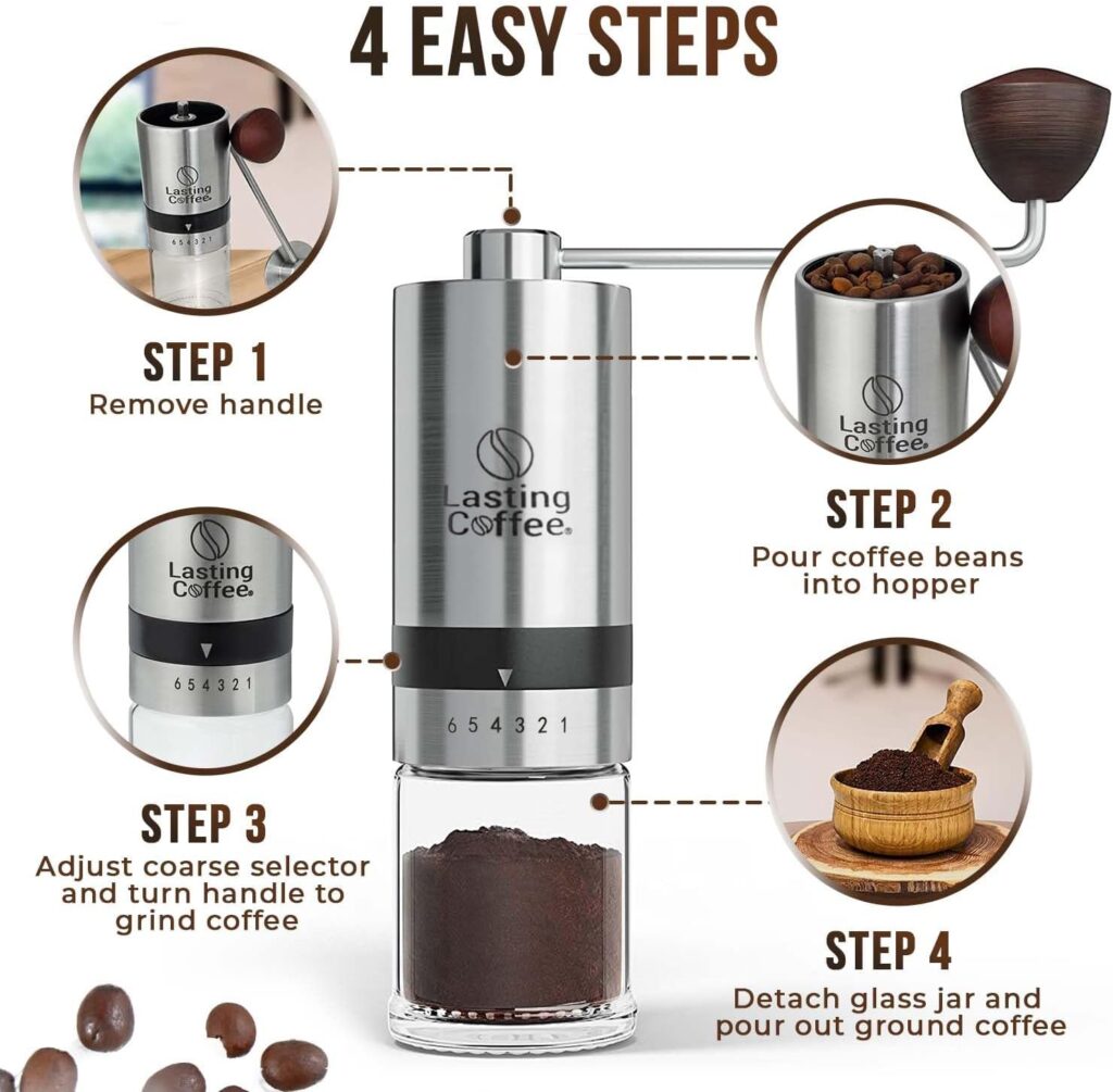 Lasting Coffee Manual Coffee Grinder with Stainless Steel Burr | Premium Conical Whole Bean Hand Mill with Adjustable Settings | Portable Hand Crank Grinder