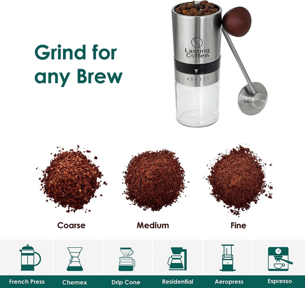 Lasting Coffee Manual Coffee Grinder with Stainless Steel Burr | Premium Conical Whole Bean Hand Mill with Adjustable Settings | Portable Hand Crank Grinder