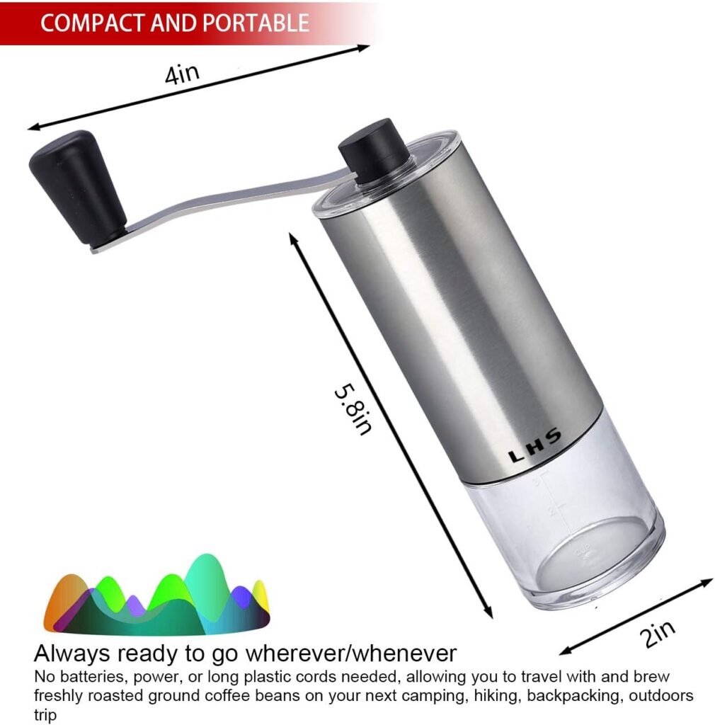 LHS Manual Coffee Grinder with Ceramic Conical Burr Stainless Steel Hand Crank Mill for Drip Coffee, Espresso, French Press, Turkish Brew LHS Manual Coffee Grinder with Ceramic Conical Burr Stainless Steel Hand Crank Mill for Drip Coffee, Espresso, French Press, Turkish Brew