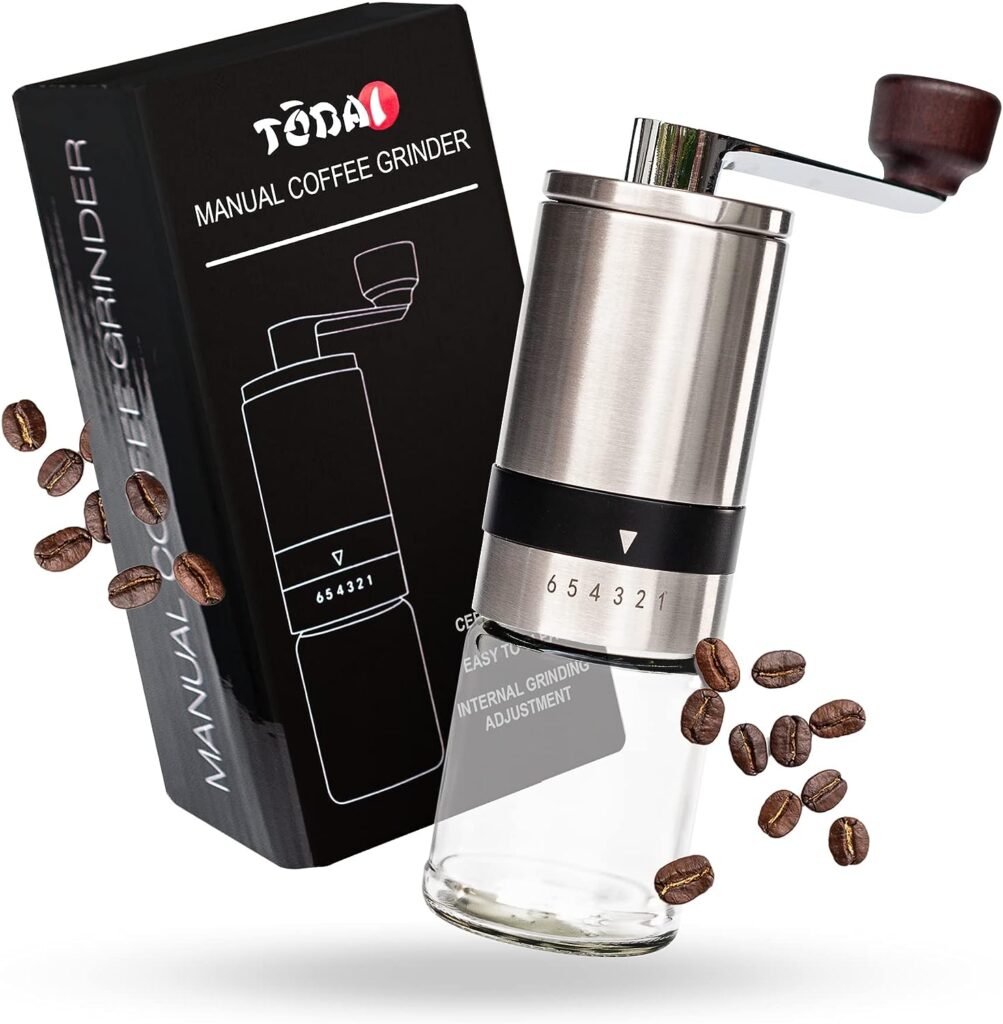 Manual Coffee Grinder, Conical Ceramic Burr Coffee Grinder for Slow, Enhanced Coffee Grinding, Portable Coffee Bean Grinder, Stainless Steel Hand Grinder with Transparent Jar - Tōdai Manual Coffee Grinder, Conical Ceramic Burr Coffee Grinder for Slow, Enhanced Coffee Grinding, Portable Coffee Bean Grinder, Stainless Steel Hand Grinder with Transparent Jar - Tōdai