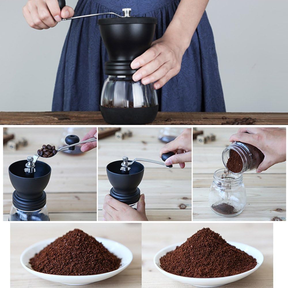 Manual Coffee Grinder with Ceramic Burrs, Hand Coffee Mill with Two Glass Jars(11oz each), Brush and Tablespoon Scoop Manual Coffee Grinder with Ceramic Burrs, Hand Coffee Mill with Two Glass Jars(11oz each), Brush and Tablespoon Scoop