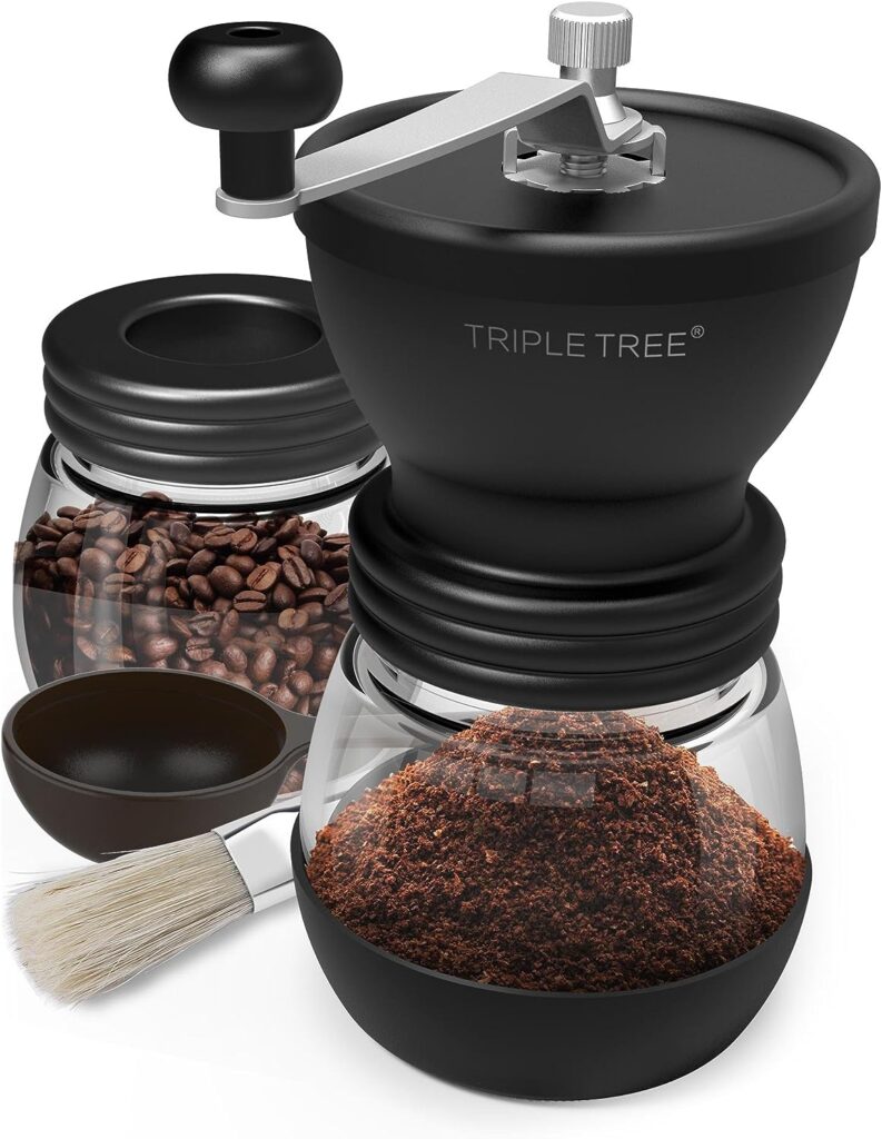 Manual Coffee Grinder with Ceramic Burrs, Hand Coffee Mill with Two Glass Jars(11oz each), Brush and Tablespoon Scoop Manual Coffee Grinder with Ceramic Burrs, Hand Coffee Mill with Two Glass Jars(11oz each), Brush and Tablespoon Scoop