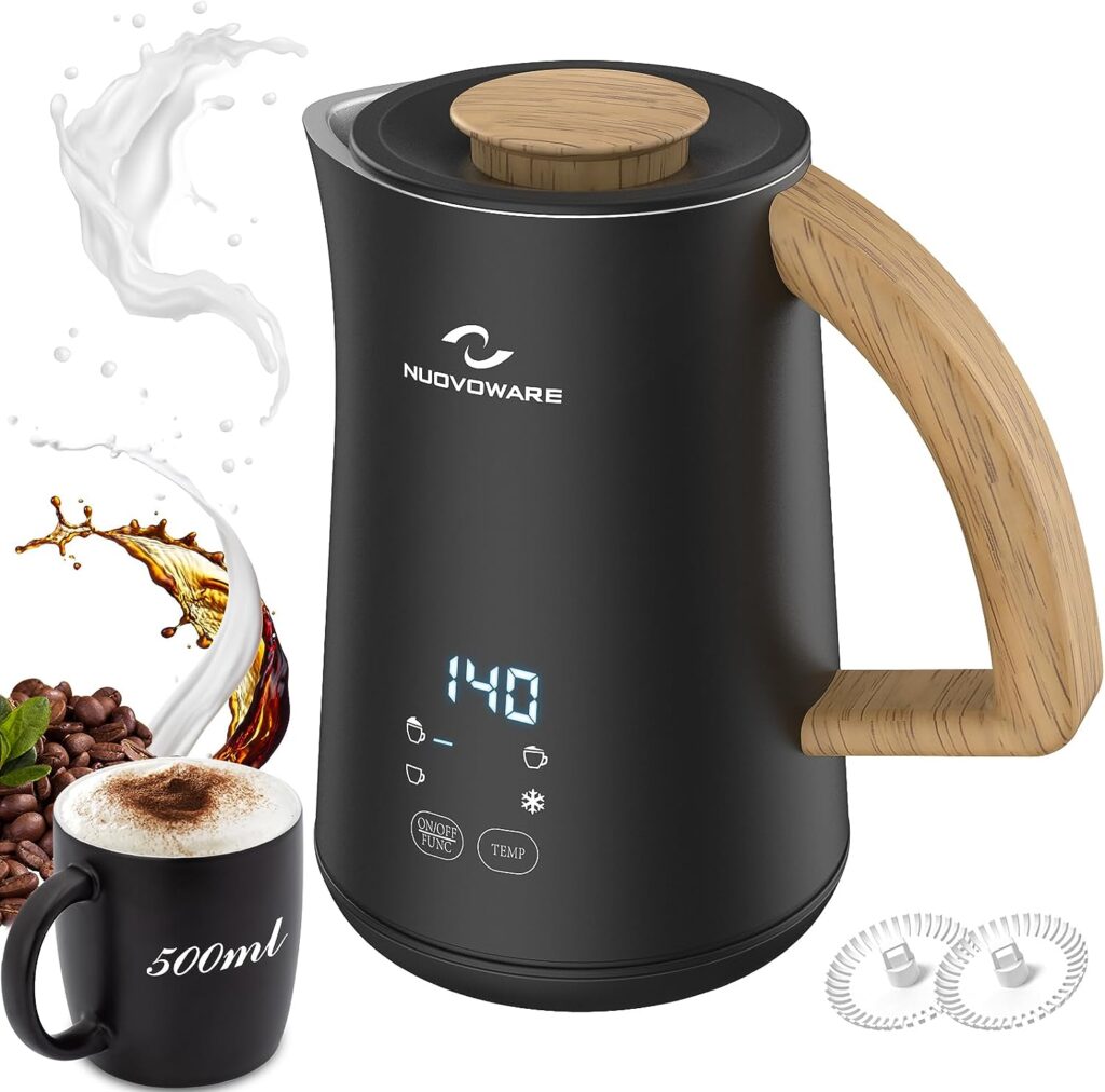 Nuovoware 4-in-1 Milk Frother and Steamer with Temperature Control Dispaly Screen, Electric Automatic Frother for Hot Chocolate Milk, Cappuccinos, Latte, Macchiato, Black