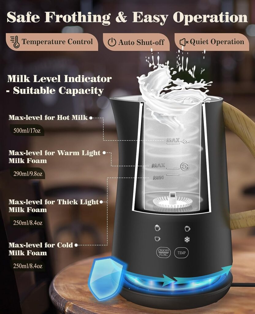 Nuovoware 4-in-1 Milk Frother and Steamer with Temperature Control Dispaly Screen, Electric Automatic Frother for Hot Chocolate Milk, Cappuccinos, Latte, Macchiato, Black