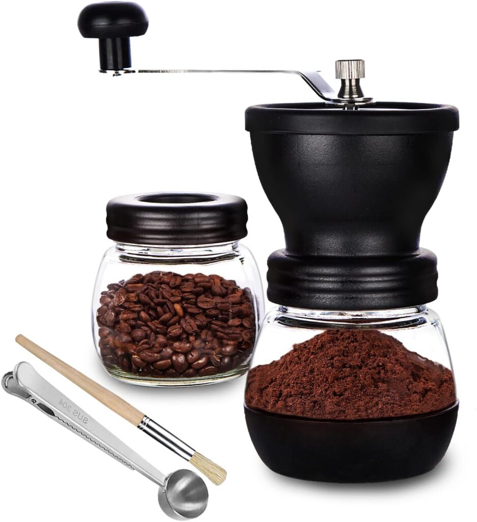 PARACITY Coffee Grinder Manual Burr with 2 Glass Jars(11oz Each), Hand Bean Coffee Grinder Mill with Ceramic Burr, Hand Crank/Handheld Coffee Grinder Small Portable with Brush/Spoon for Camping PARACITY Coffee Grinder Manual Burr with 2 Glass Jars(11oz Each), Hand Bean Coffee Grinder Mill with Ceramic Burr, Hand Crank/Handheld Coffee Grinder Small Portable with Brush/Spoon for Camping