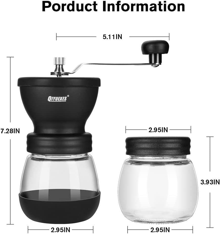QIYUEXES Manual Coffee Grinder with Ceramic Burr for Beans, Espresso, and Spices - Portable Hand Crank Mill with 2 Glass Jars (11oz Each) and Cleaning Brush