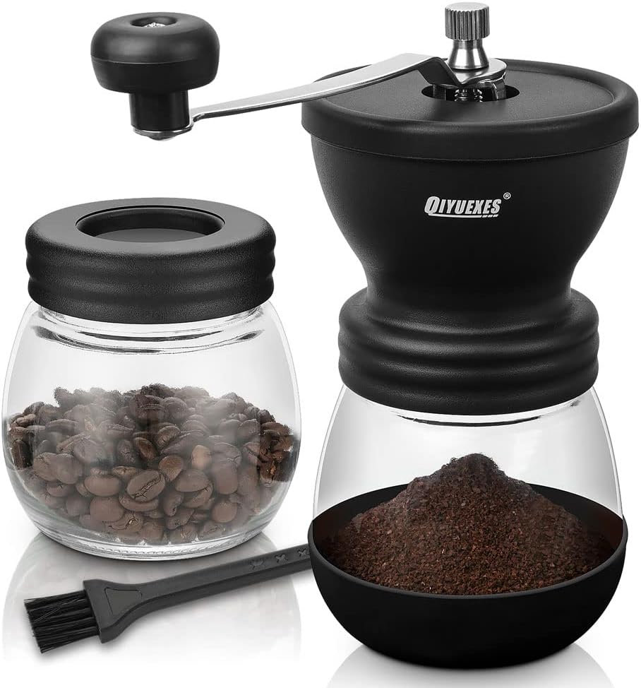 QIYUEXES Manual Coffee Grinder with Ceramic Burr for Beans, Espresso, and Spices - Portable Hand Crank Mill with 2 Glass Jars (11oz Each) and Cleaning Brush