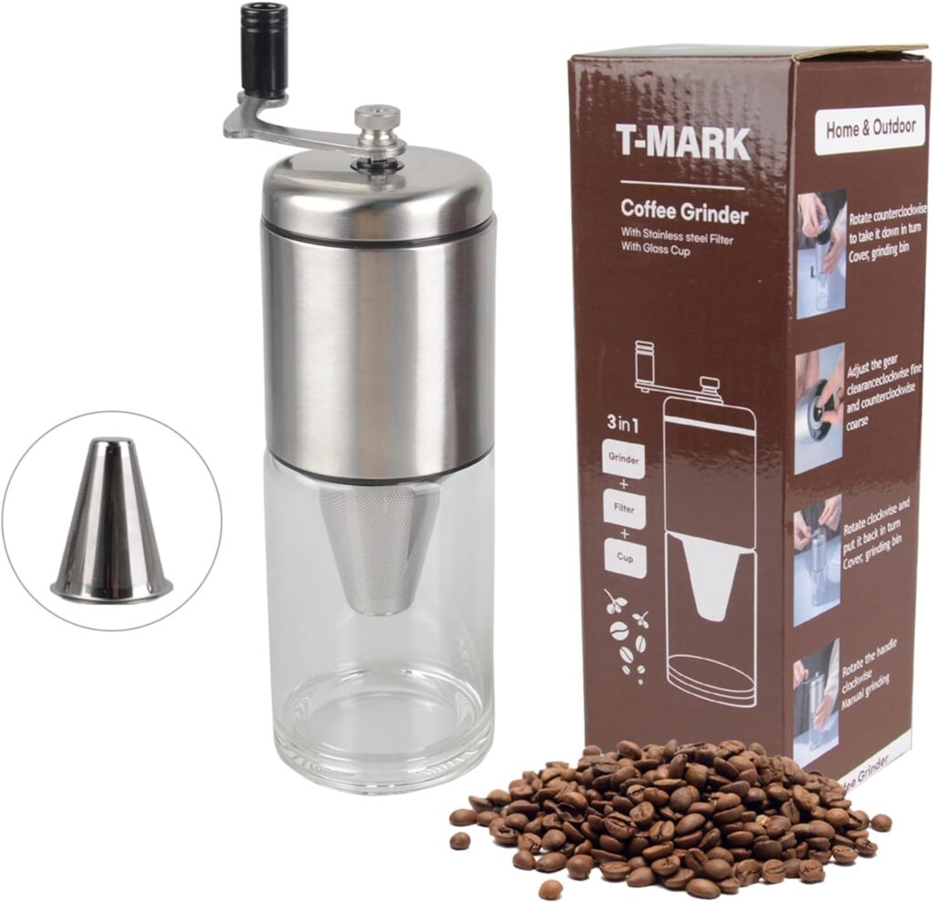 T-mark 3-in-1 Manual Coffee Grinder with Ceramic Conical Burr Mill Cup, Portable Coffee Bean Grinder for French Press/Turkish Brew, Easy to Use Hand Coffee Grinder for Camping Travelling