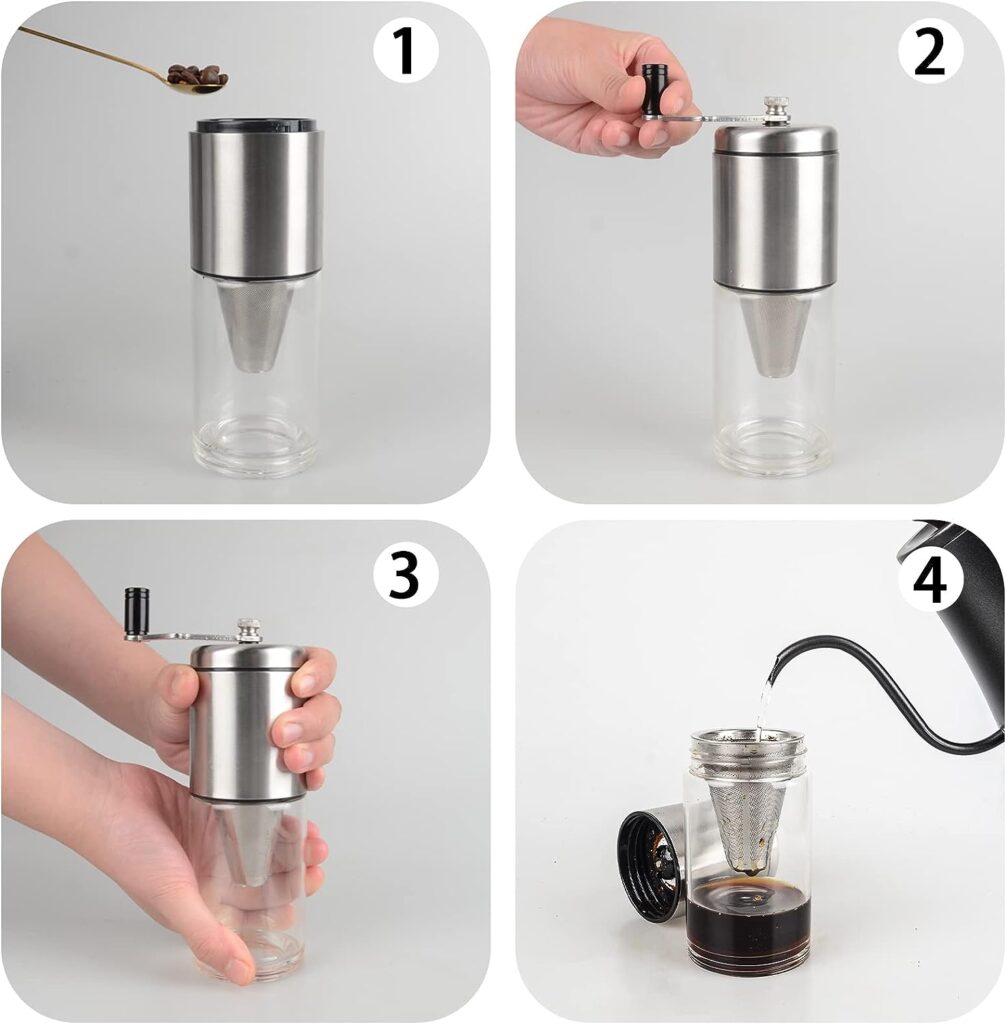 T-mark 3-in-1 Manual Coffee Grinder with Ceramic Conical Burr Mill Cup, Portable Coffee Bean Grinder for French Press/Turkish Brew, Easy to Use Hand Coffee Grinder for Camping Travelling