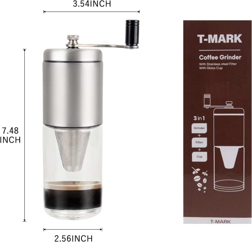 T-mark 3-in-1 Manual Coffee Grinder with Ceramic Conical Burr Mill Cup, Portable Coffee Bean Grinder for French Press/Turkish Brew, Easy to Use Hand Coffee Grinder for Camping Travelling