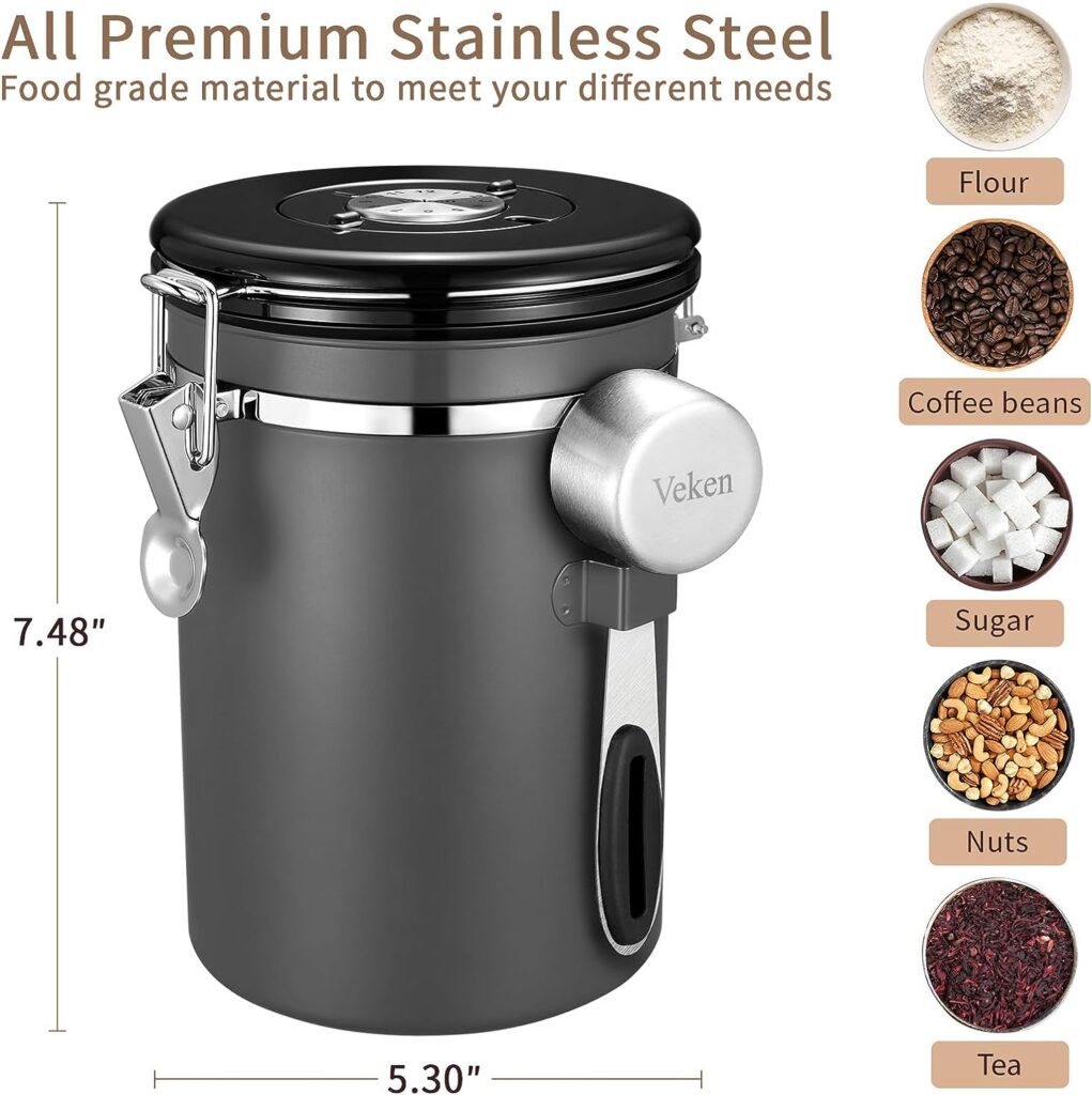 Veken Coffee Canister, Airtight Stainless Steel Kitchen Food Storage Container with Date Tracker and Scoop for Grounds Coffee, Beans, Tea, Flour, Cereal, Sugar, 22OZ, Gray