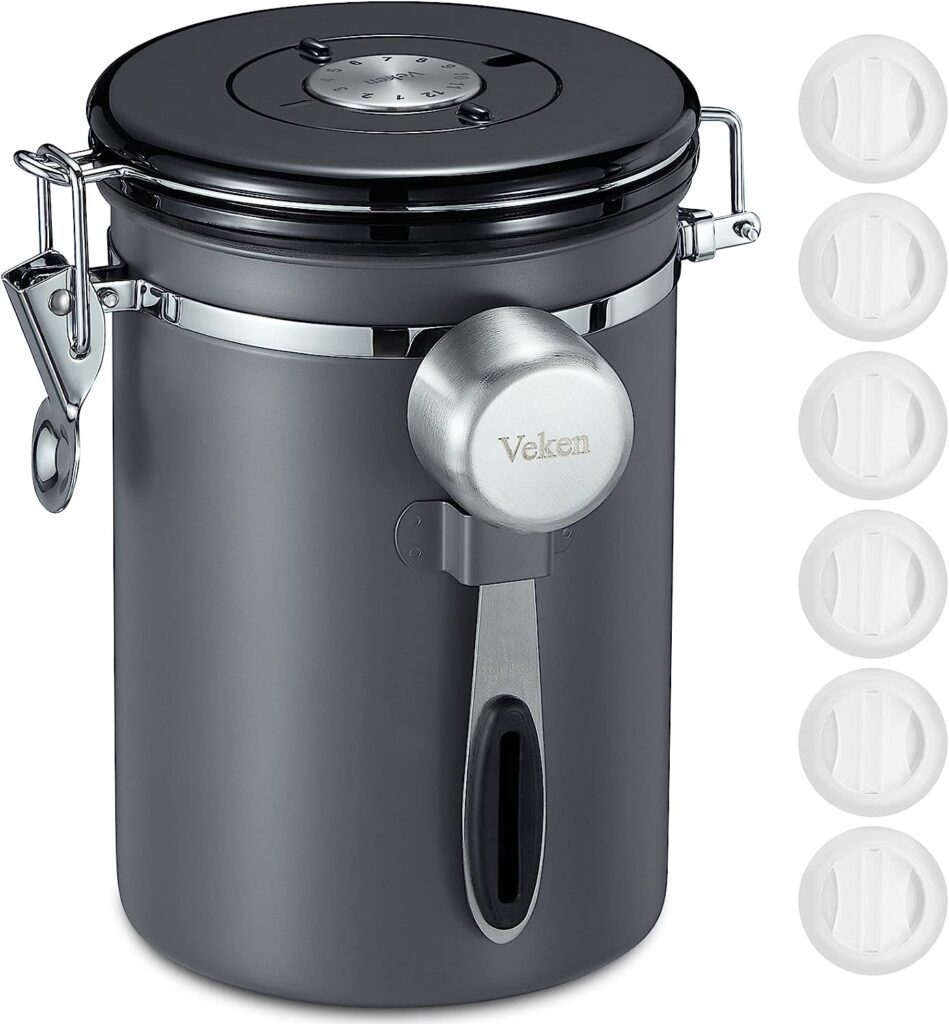 Veken Coffee Canister, Airtight Stainless Steel Kitchen Food Storage Container with Date Tracker and Scoop for Grounds Coffee, Beans, Tea, Flour, Cereal, Sugar, 22OZ, Gray