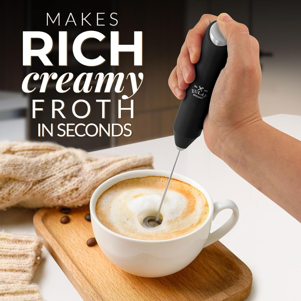 Zulay FrothMate Powerful Milk Frother for Coffee - Portable Compact Handheld Foam Maker for Lattes, Cappuccinos, Matcha, Hot Chocolate - Milk Foamer Frother - No Stand Electric Whisk (Black Silver)